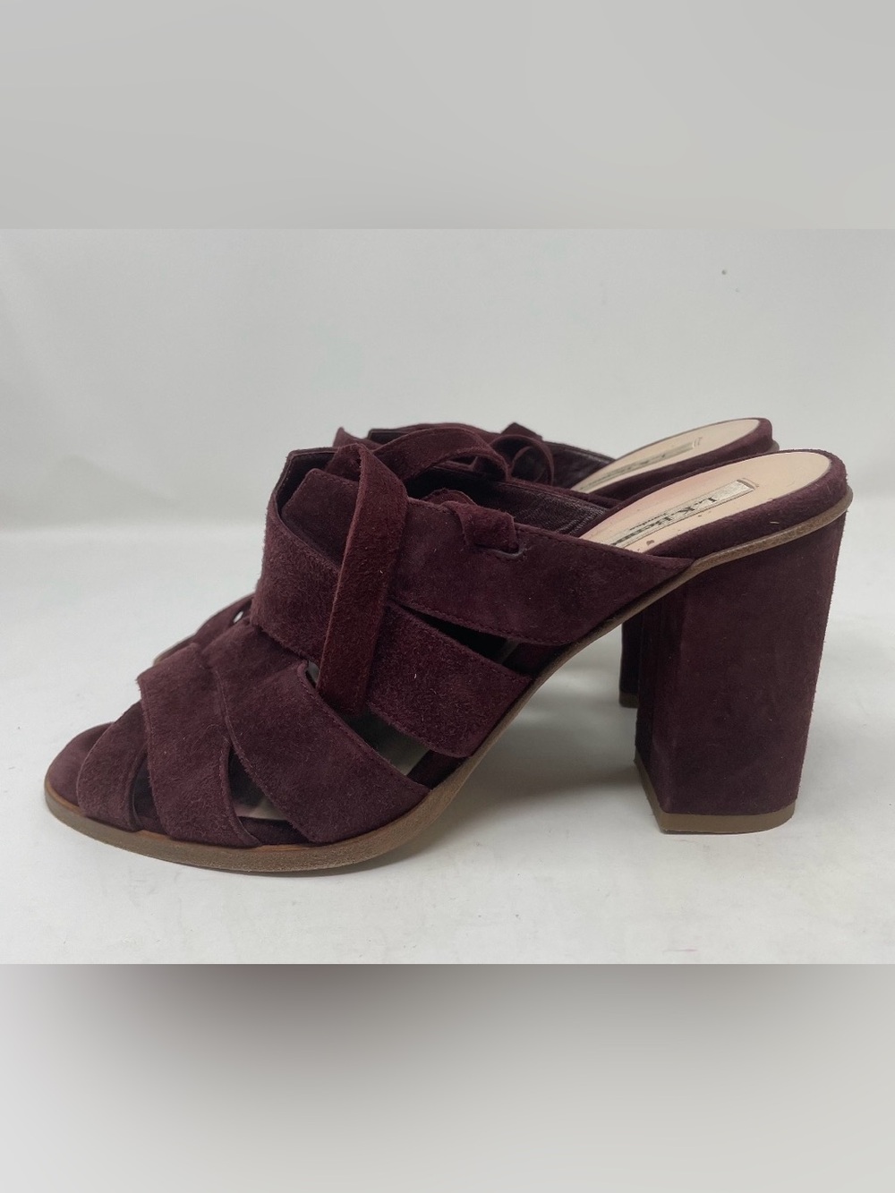 LK Bennett Burgundy Suede Woven Straps Block Heel Mule Shoes Size 39.5
